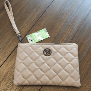 Badgley Mischka Vegan Leather Wristlet Wallet Quilted Beige Clutch NWT